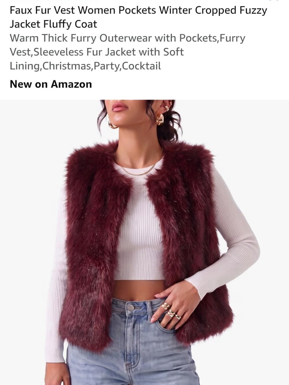 Faux Fur Vest — Women's Burgundy Cropped Fuzzy Vest Size XS